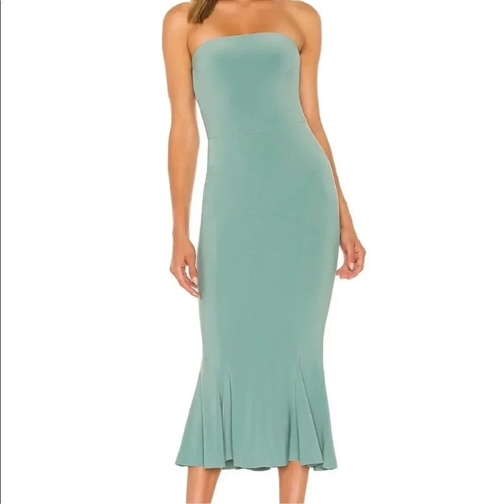 Norma Kamali Strapless Fishtail Midi Dress in Vintage Mint sz L